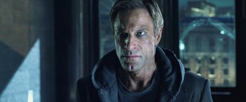Movie still from “I, Frankenstein” (2014), directed by Stuart Beattie – A person wearing a hooded jacket; Close Up shot, Low angle