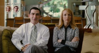 Movie still from “Idiocracy” (2006), directed by Mike Judge – A man and a woman sitting next to each other on a couch; Medium shot, Over the shoulder angle