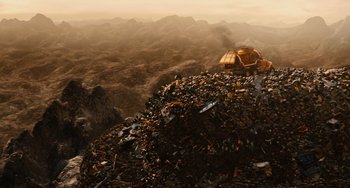 Movie still from “Idiocracy” (2006), directed by Mike Judge – A pile of garbage on top of a hill; Extreme Wide shot, High angle