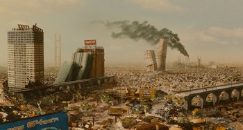 Movie still from “Idiocracy” (2006), directed by Mike Judge – An image of a city with a lot of trash; Extreme Wide shot, High angle