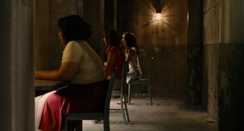 Movie still from “Idiocracy” (2006), directed by Mike Judge – A group of people sitting in a room; Wide shot, Over the shoulder angle