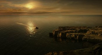 Movie still from “Immortals” (2011), directed by Tarsem Singh – A body of water that has some rocks in it; Extreme Wide shot, High angle