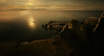 Movie still from “Immortals” (2011), directed by Tarsem Singh – A view of a body of water from a cliff; Extreme Wide shot, High angle
