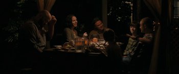Movie still from “Imperium” (2016), directed by Daniel Ragussis – A group of people sitting at a dinner table; Medium shot, Over the shoulder angle