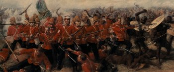 Movie still from “Imperium” (2016), directed by Daniel Ragussis – A painting of a group of men in red uniforms holding guns; Extreme Wide shot, Overhead angle