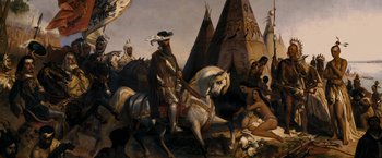 Movie still from “Imperium” (2016), directed by Daniel Ragussis – A painting of a man on a white horse in front of teepees; Wide shot, High angle