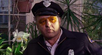 Movie still from “In the Heat of the Night” (1967), directed by Norman Jewison – A man in a police uniform wearing sunglasses and a hat; Close Up shot, Low angle