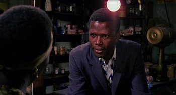 Movie still from “In the Heat of the Night” (1967), directed by Norman Jewison – A man wearing a suit and tie talking to another man in a suit; Close Up shot, Over the shoulder angle