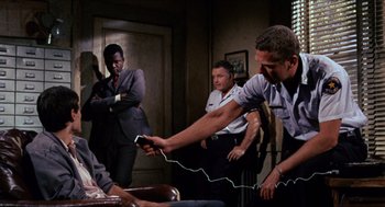Movie still from “In the Heat of the Night” (1967), directed by Norman Jewison – A group of men standing in a room holding a wii controller; Medium shot, Over the shoulder angle