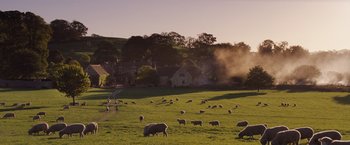 Movie still from “Far from the Madding Crowd” (2015), directed by Thomas Vinterberg – A herd of sheep grazing on a lush green field; Extreme Wide shot, High angle