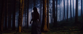 Movie still from “Far from the Madding Crowd” (2015), directed by Thomas Vinterberg – A woman walking through the woods at night; Wide shot, Low angle