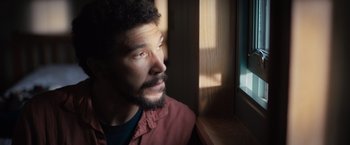 Movie still from “In the Earth” (2021), directed by Ben Wheatley – A man with a beard looking out of a window; Close Up shot, Low angle