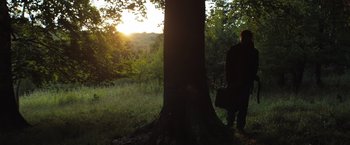 Movie still from “In the Earth” (2021), directed by Ben Wheatley – A person standing next to a tree in a field; Extreme Wide shot, Low angle