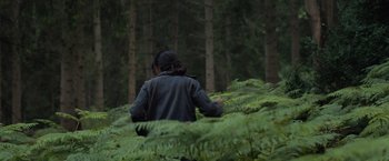 Movie still from “In the Earth” (2021), directed by Ben Wheatley – A person walking through a lush green forest; Wide shot, Over the shoulder angle