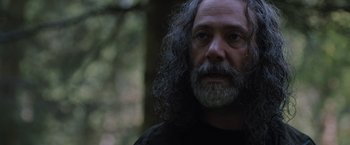 Movie still from “In the Earth” (2021), directed by Ben Wheatley – A man with long hair and a beard is looking at the camera; Close Up shot, Low angle