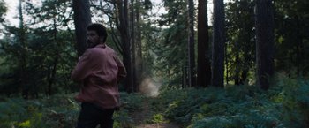 Movie still from “In the Earth” (2021), directed by Ben Wheatley – A man walking through the woods on a trail; Medium shot, Low angle