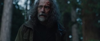 Movie still from “In the Earth” (2021), directed by Ben Wheatley – A person with a beard; Close Up shot, Low angle