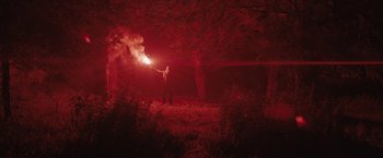 Movie still from “In the Earth” (2021), directed by Ben Wheatley – A man holding a flare in the middle of a forest; Extreme Wide shot, Low angle