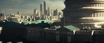 Movie still from “Independence Day: Resurgence” (2016), directed by Roland Emmerich – A view of a large city from the roof of a building; Extreme Wide shot, Low angle