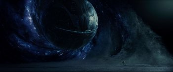 Movie still from “Independence Day: Resurgence” (2016), directed by Roland Emmerich – An image of a space ship in the night sky; Extreme Wide shot, Low angle