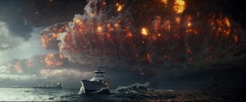 Movie still from “Independence Day: Resurgence” (2016), directed by Roland Emmerich – A boat in the ocean under a sky filled with dark clouds; Extreme Wide shot, High angle