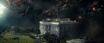 Movie still from “Independence Day: Resurgence” (2016), directed by Roland Emmerich – An aerial view of the white house in washington , d; Extreme Wide shot, Overhead angle