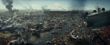 Movie still from “Independence Day: Resurgence” (2016), directed by Roland Emmerich – A large amount of debris floating on top of a body of water; Extreme Wide shot, High angle