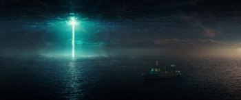Movie still from “Independence Day: Resurgence” (2016), directed by Roland Emmerich – A boat in the middle of the ocean at night; Extreme Wide shot, High angle