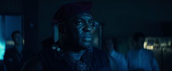 Movie still from “Independence Day: Resurgence” (2016), directed by Roland Emmerich – A person wearing a hat; Close Up shot, Low angle