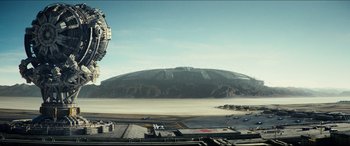 Movie still from “Independence Day: Resurgence” (2016), directed by Roland Emmerich – An alien landscape with a large mountain in the background; Extreme Wide shot, High angle