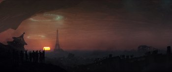 Movie still from “Independence Day: Resurgence” (2016), directed by Roland Emmerich – A view of the eiffel tower at sunset from a hill; Extreme Wide shot, Low angle