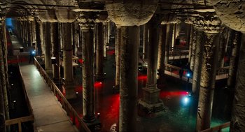 Movie still from “Inferno” (2016), directed by Ron Howard – A view of the inside of an underground building; Extreme Wide shot, High angle