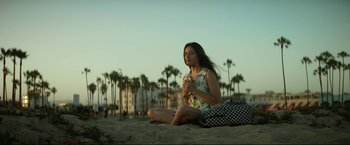 Movie still from “Ingrid Goes West” (2017), directed by Matt Spicer – A woman sitting on the beach in front of palm trees; Medium shot, Low angle