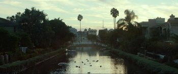 Movie still from “Ingrid Goes West” (2017), directed by Matt Spicer – Ducks swimming in a river near a bridge; Extreme Wide shot, High angle