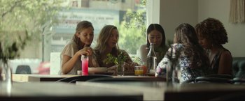 Movie still from “Ingrid Goes West” (2017), directed by Matt Spicer – A group of people sitting at a table with drinks; Medium shot, Over the shoulder angle