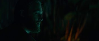 Movie still from “Ingrid Goes West” (2017), directed by Matt Spicer – A man with long hair and a goatee looks to his left; Close Up shot, Over the shoulder angle