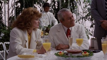 Movie still from “Innerspace” (1987), directed by Joe Dante – A man and a woman sitting at a dinner table; Medium shot, Over the shoulder angle