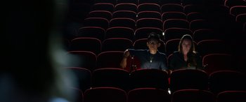 Movie still from “Insidious: Chapter 3” (2015), directed by Leigh Whannell – A man sitting alone in a movie theater; Wide shot, High angle