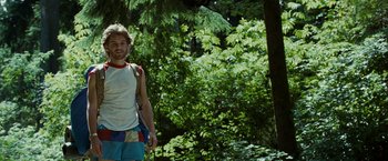 Movie still from “Into the Wild” (2007), directed by Sean Penn – A man standing in the middle of a forest; Medium shot, Low angle