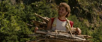 Movie still from “Into the Wild” (2007), directed by Sean Penn – A man holding a pile of wood in his hands; Medium shot, Low angle