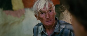 Movie still from “Into the Wild” (2007), directed by Sean Penn – An older man with white hair and a blue shirt; Close Up shot, High angle