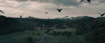 Movie still from “Into the Woods” (2014), directed by Rob Marshall – A flock of birds flying over a lush green field; Extreme Wide shot, High angle