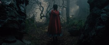 Movie still from “Into the Woods” (2014), directed by Rob Marshall – A woman in a red cape standing in the woods; Wide shot, High angle