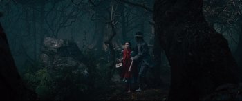 Movie still from “Into the Woods” (2014), directed by Rob Marshall – A man and a woman standing in the woods; Wide shot, High angle