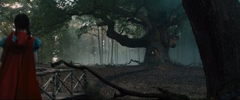 Movie still from “Into the Woods” (2014), directed by Rob Marshall – A tree with a door in the middle of a forest; Extreme Wide shot, Low angle