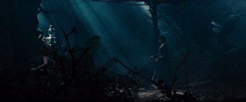 Movie still from “Into the Woods” (2014), directed by Rob Marshall – A person standing in the middle of a dark forest; Extreme Wide shot, Low angle