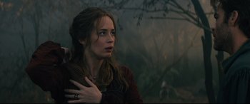 Movie still from “Into the Woods” (2014), directed by Rob Marshall – A woman with her hand on her chest; Close Up shot, Over the shoulder angle