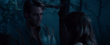 Movie still from “Into the Woods” (2014), directed by Rob Marshall – A man and a woman are standing next to each other; Close Up shot, Over the shoulder angle