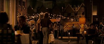 Movie still from “Invincible” (2006), directed by Ericson Core – A group of people standing on a sidewalk at night; Wide shot, High angle