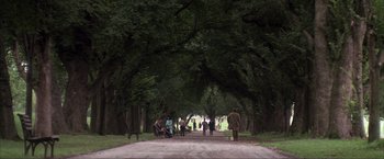 Movie still from “JFK” (1991), directed by Oliver Stone – A group of people walking down a tree lined road; Extreme Wide shot, High angle